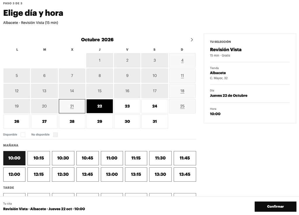 Paso 3 de la cita previa: elegir día y hora para la revisión de la vista